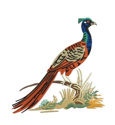 Colorful peacock perched on a branch, showcasing vibrant blue, green, and red hues, surrounded by stylized foliage.