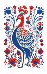 Vibrant peacock with intricate blue and green detailing surrounded by red and blue flowers, decorative design for embellishme