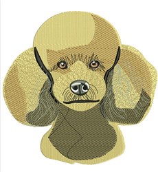 Poodle face with fluffy ears and expressive eyes in warm beige tones, featuring intricate fur texture in a whimsical style.