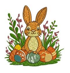 Playful rabbit surrounded by colorful Easter eggs and flowers on vibrant green grass, perfect for spring.