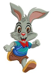 Cartoon rabbit in a blue shirt and brown shorts running joyfully, perfect for spring or Easter-themed kids' items.