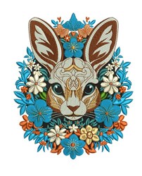Colorful rabbit face with intricate markings, surrounded by vibrant blue and orange flowers, perfect for spring decor.