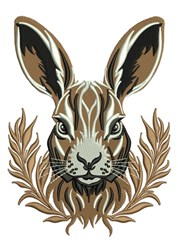 Realistic rabbit head with detailed fur and focused gaze, framed by stylized leaves in earthy tones.