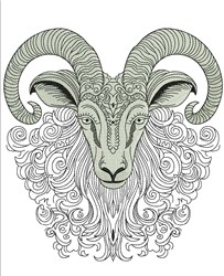Ornamental ram head with detailed curled horns and beard, enhanced by flowing swirling patterns in muted tones.