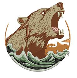 Roaring bear emerging from vibrant water waves, featuring detailed fur in earthy tones, perfect for nature lovers.