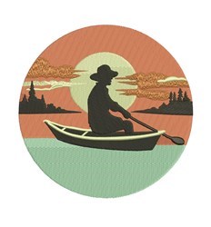 Silhouette of a person rowing a boat at sunset, with warm oranges and cool greens, capturing a serene lakeside scene.