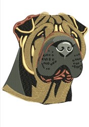 Realistic Shar Pei dog head with detailed wrinkles and expressive eyes. Shades of brown, beige, and black add texture.