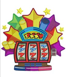 Colorful slot machine with red, gold, and blue hues, featuring spinning reels and vibrant stars, perfect for a gambling theme