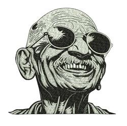 Smiling elderly man with round sunglasses, detailed facial features, and a warm expression in a realistic portrait.