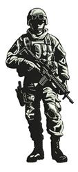 Realistic soldier in monochrome military uniform, holding a rifle, displaying readiness and determination.