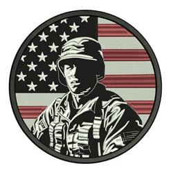Realistic soldier in military uniform with circular border and stylized American flag in muted tones, perfect for patriotic e