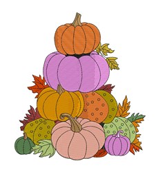 Colorful stack of pumpkins in orange, pink, and green, surrounded by autumn leaves, perfect for festive décor.