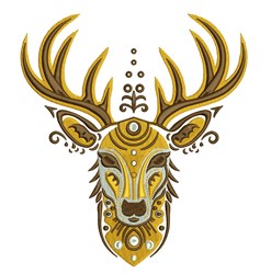 Stylized deer head showcasing intricate antlers, geometric details, and warm brown and gold hues.