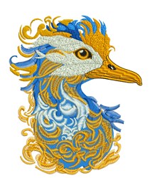 Vibrant duck in blue and gold shades with intricate patterns on its neck and head, showcasing detailed artistry.