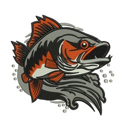 Stylized fish in dynamic waves, leaping through orange, gray, and black, surrounded by energetic bubbles.