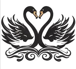 Stylized swans form a heart with detailed wings and ornamental swirls, designed for machine embroidery.