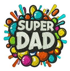 Playful 'SUPER DAD' text with colorful bubbles and explosion shapes, perfect for Father's Day celebration.
