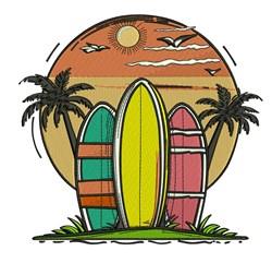 Vibrant surfboards in yellow, pink, and green against a warm sunset with palm silhouettes and flying birds.