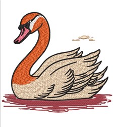 Whimsical swan gracefully floats on water, showcasing soft white and tan feathers with a vibrant orange beak.