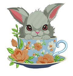 Tea Cup Bunny - 4x4 bunny rabbit detailed embroidery design for decorative pillow covers