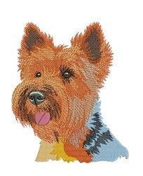 Realistic terrier dog with textured fur, expressive eyes, and tongue, in a vibrant design.