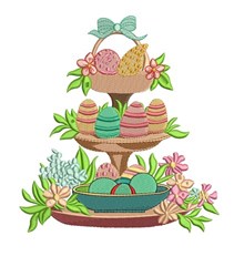 Tiered dessert stand featuring decorated eggs in pastel colors, surrounded by flowers and leaves for a festive Easter touch.