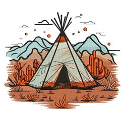 Tipi with earthy colors and sharp lines set against stylized mountains, featuring cacti in a desert landscape.