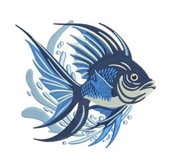 Vibrant fish with intricate fins and blue hues, surrounded by lively water splashes.