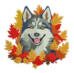 Realistic portrait of a smiling wolf with gray and white fur among vibrant autumn leaves in warm colors.