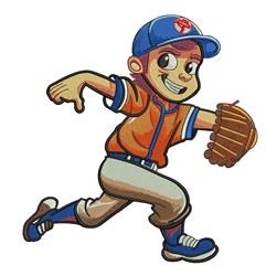 Young boy baseball player in an orange and blue uniform, mid-run with a cheerful expression, perfect for summer apparel.