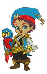 Playful young pirate boy in a blue hat, colorful attire, holding a vibrant parrot. Perfect for kids' designs.