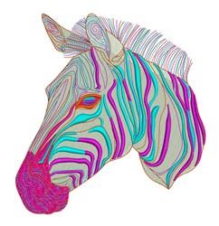 Colorful zebra profile with vibrant teal, pink, and purple stripes and artistic swirls, perfect for whimsical decor.