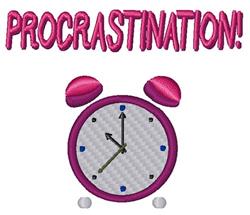 Playful alarm clock with a white face, pink casing, and bold 'PROCRASTINATION!' text, in vibrant colors.