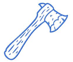 Axe with a textured wooden handle and blue outline, showcasing a curved blade in a minimalist design.