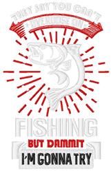 Bold fish with rays in red and white, surrounded by humorous text, perfect for outdoor activities.