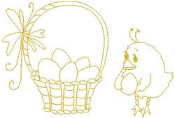 Whimsical chick beside a woven basket, filled with colorful eggs, perfect for Easter celebrations.