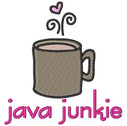 Cute coffee mug with light pink beverage and playful steam swirls, featuring 'java junkie' in vibrant pink.