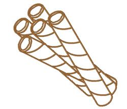 Four cone-shaped objects in playful line art with brown outlines and a crisscross pattern.