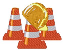 Applique playful construction cones featuring three orange cones with reflective stripes and a yellow helmet.