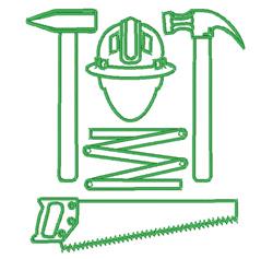 Construction tools set featuring a hard hat, hammer, saw, and springs, outlined in green with minimalist detailing.