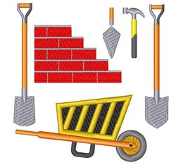 Cartoonish construction tools including red bricks, a yellow wheelbarrow, shovels, and a hammer. Playful design.