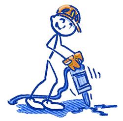 Cartoon stick figure construction worker joyfully using a jackhammer, wearing gloves and a hat in vibrant blue and orange.