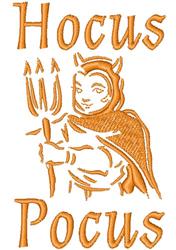 Playful devil or witch character holding a trident in vibrant orange hues for Halloween, featuring 'Hocus Pocus' text.