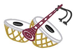Colorful drums with a woven texture in yellow and white, topped with a maroon stick, perfect for playful musical themes.