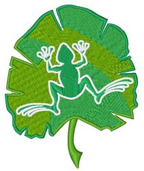 Playful frog applique design in bright green, outlined in white, on a vibrant leaf background.