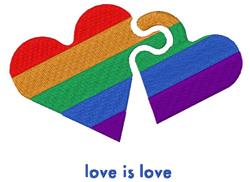 Two interlocking hearts in vibrant rainbow stripes with 'love is love' text, celebrating Pride events.