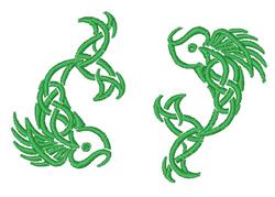 Two stylized fish intertwine in vibrant green thread, featuring intricate curved lines in a symmetrical design.
