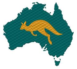 Modern kangaroo in vibrant gold with a checkerboard pattern on a textured teal Australian map.