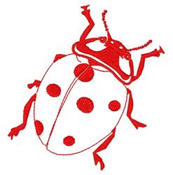 Playful ladybug with a bright red body, black dots, and visible legs, featuring whimsical embroidery.