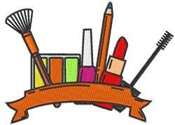 Colorful makeup tools and cosmetics in an artistic layout featuring a brush, lipstick, and palette.